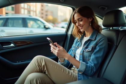 Jeune femme en voiture vérifiant son smartphone
