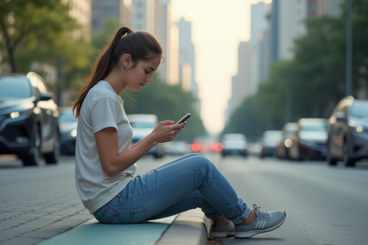 Jeune femme assise sur le trottoir avec smartphone en ville