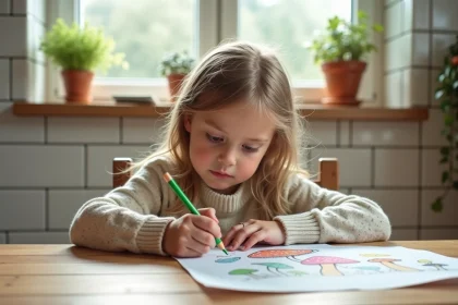 Jeune fille concentrée en train de colorier un champignon