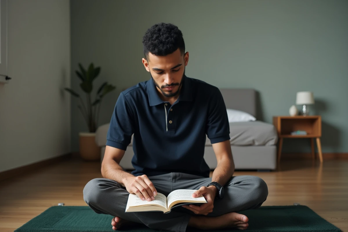 Jeune homme musulman assis sur un tapis de prière étudiant un guide pour apprendre la prière du Maghreb dans une chambre moderne