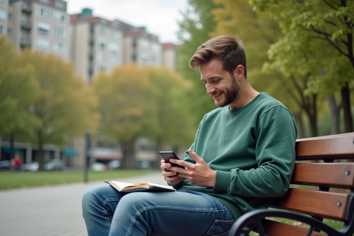 Jeune homme vérifiant ses finances sur smartphone dans un parc urbain