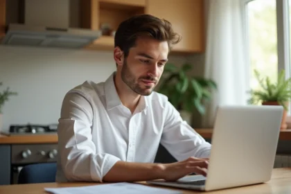 Jeune homme au bureau regardant un site internet