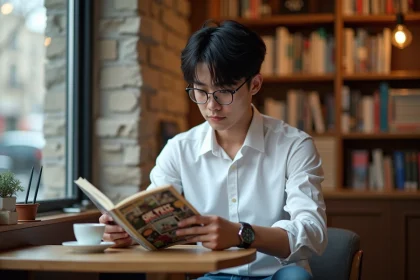 Jeune homme lisant manga One Piece dans un café parisien