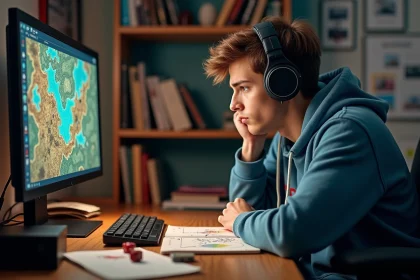 Jeune homme concentré jouant à un jeu fantasy dans sa chambre