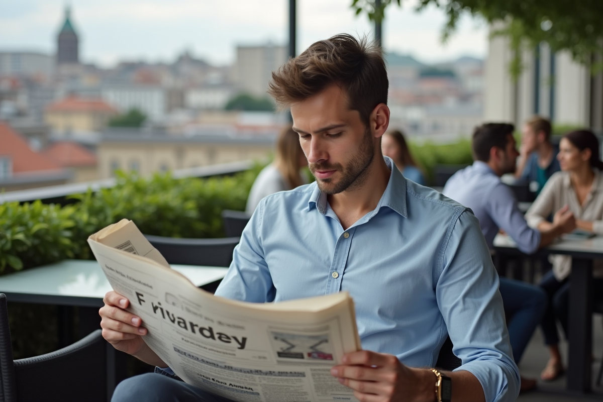 Jeune homme lisant un journal financier en terrasse urbaine