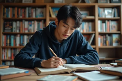 Jeune homme concentré feuilletant un manga dans un bureau cosy