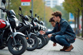 Jeune homme pointant moteur de motos Dax 50cc en ville