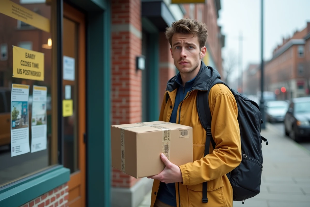 Jeune homme avec étiquette de retour devant une boutique