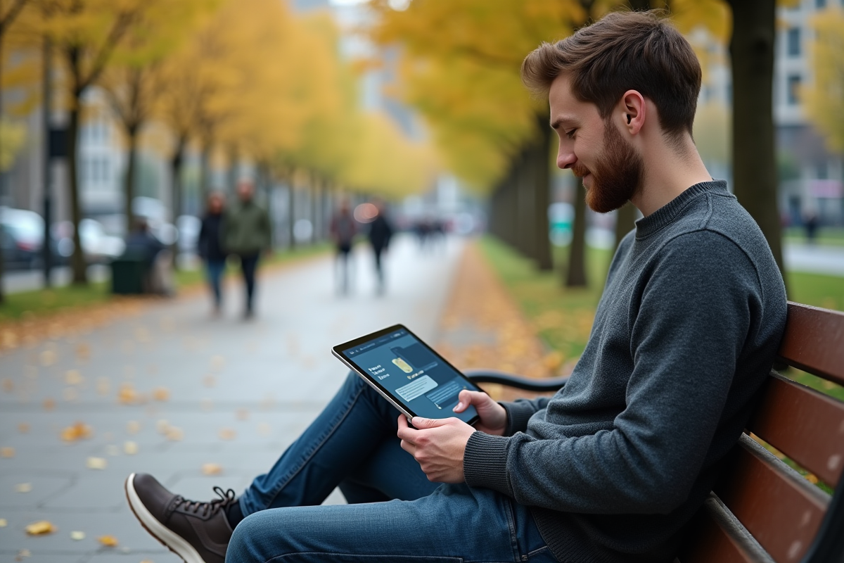 Jeune homme utilisant une tablette dans un parc urbain