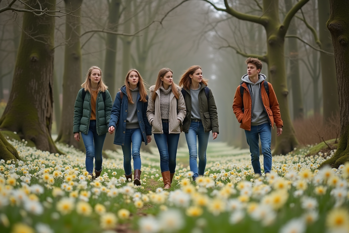 Jeunes en forêt découvrant des fleurs blanches et jaunes