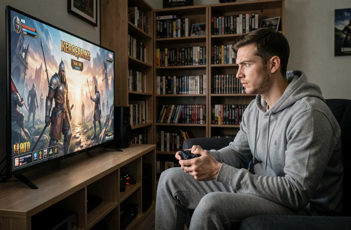 Joueur concentré devant un écran de jeu vidéo affichant un jeu d'action mythologique, dans une salle de jeux confortable avec étagères et manette de jeu