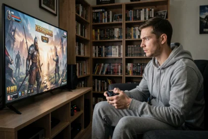 Joueur concentré devant un écran de jeu vidéo affichant un jeu d'action mythologique, dans une salle de jeux confortable avec étagères et manette de jeu