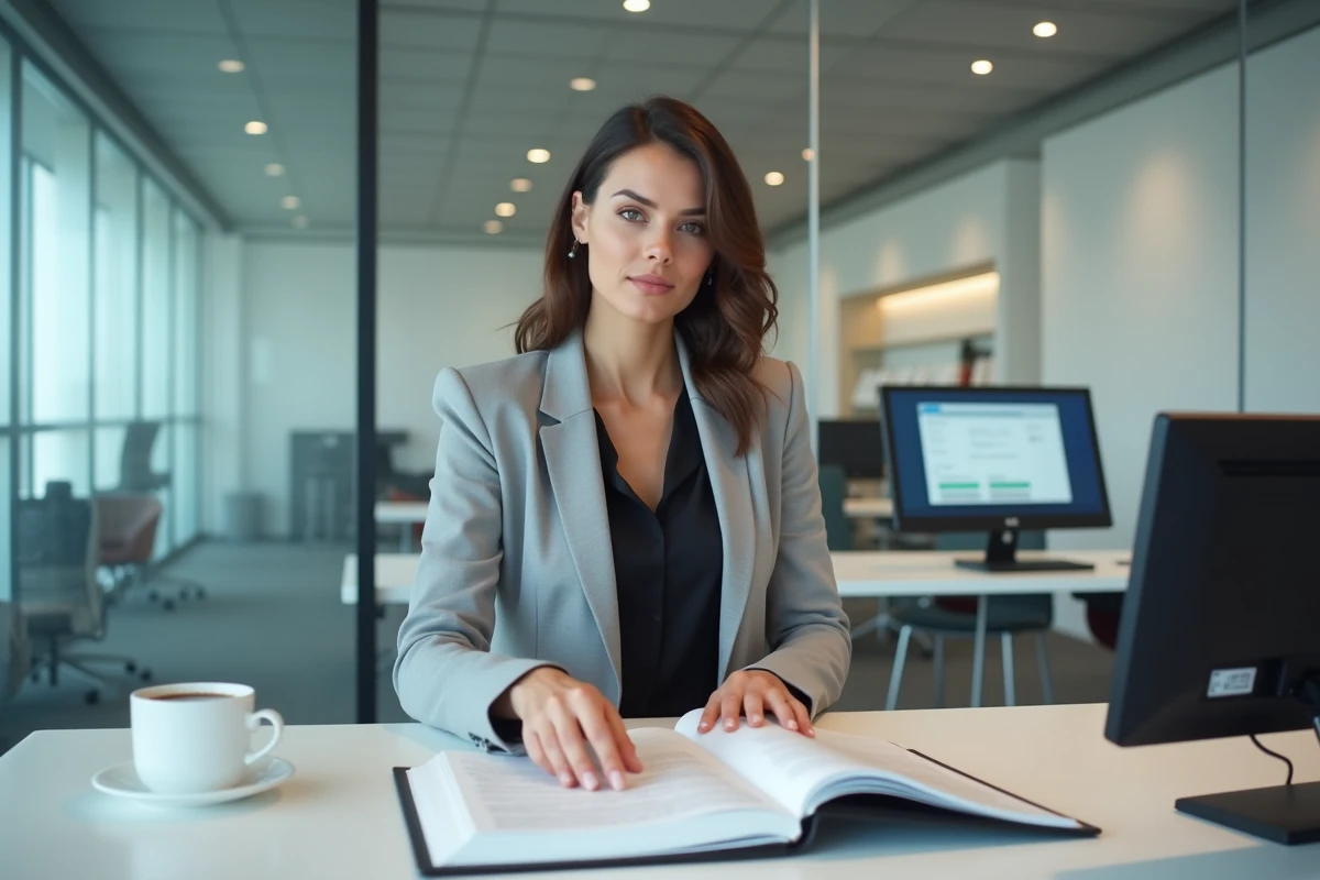 Juriste analysant le Code de procédure civile dans un espace de travail juridique moderne
