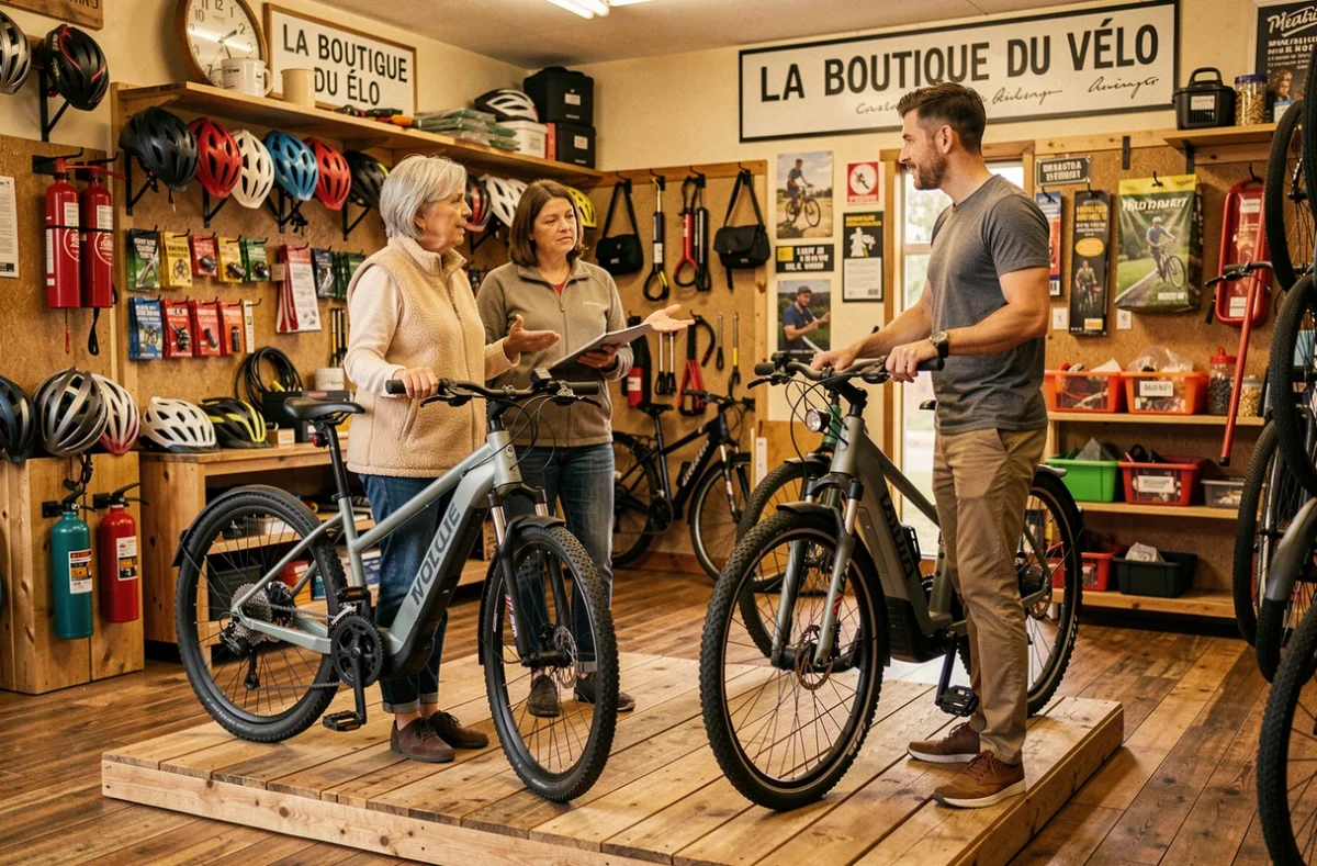 Vendeuse de La Boutique du Vélo conseillant un client sur le choix d'un vélo électrique