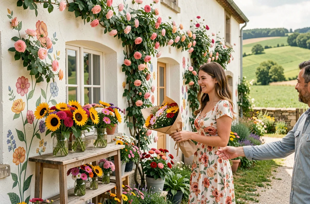 Devanture champêtre du Paradis Fleuri à Violay dans la Loire avec des bouquets de tournesols et de zinnias et une fleuriste souriante