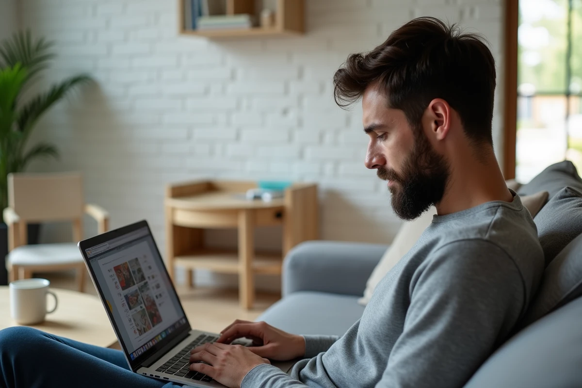 Homme adulte lisant des scans de manga en français sur un ordinateur portable dans un salon moderne