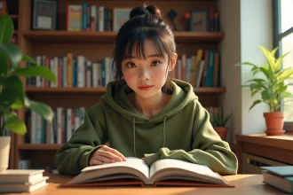 Jeune femme lisant un manga en français à son bureau, entourée de livres et de volumes de mangas