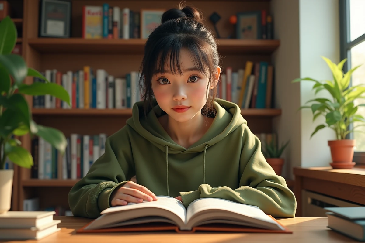 Jeune femme lisant un manga en français à son bureau, entourée de livres et de volumes de mangas
