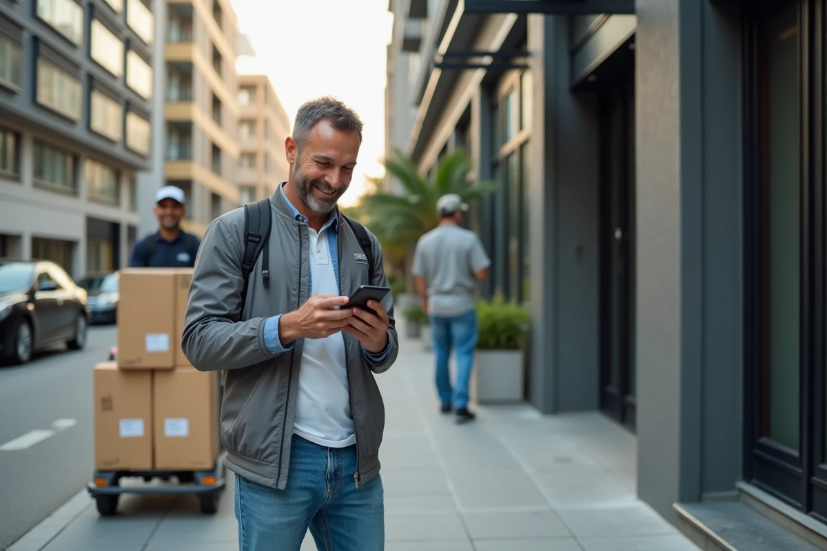 Livreur avec colis dans une rue urbaine en vérifiant notifications