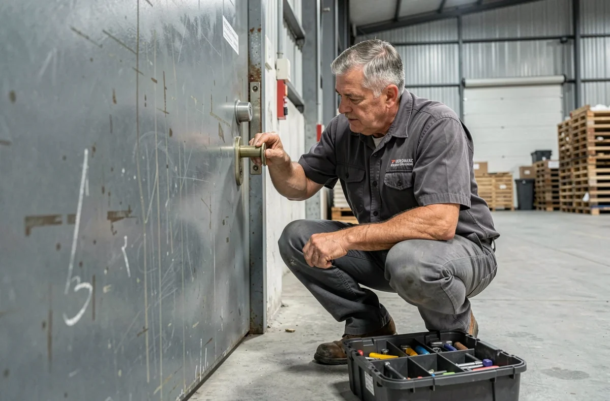 Technicien de Luc Etablissements remplaçant un verrou robuste sur une porte industrielle dans un entrepôt