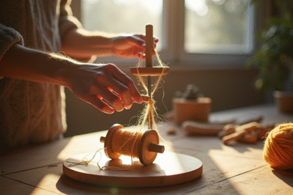 Mains fabriquant un rouet à laine fait maison sur une table en bois