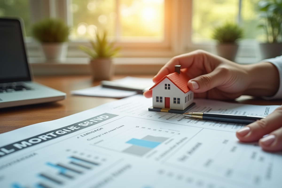 Main tenant une maison miniature avec contrat de prêt immobilier