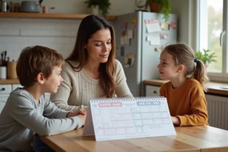 Maman et ses enfants regardant un calendrier familial dans la cuisine