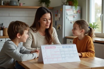 Maman et ses enfants regardant un calendrier familial dans la cuisine