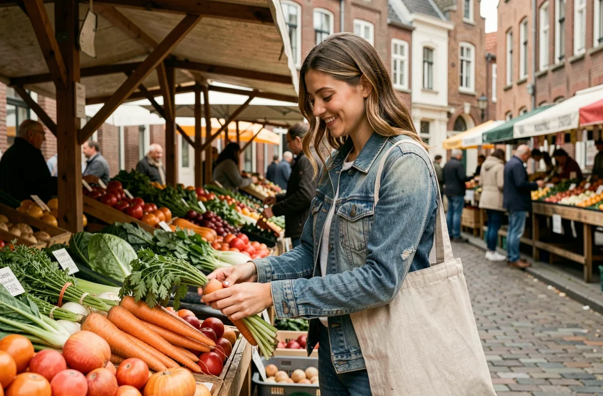 Jeune femme faisant ses courses au marché local de Lille avec des légumes frais de saison