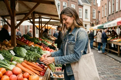 Jeune femme faisant ses courses au marché local de Lille avec des légumes frais de saison