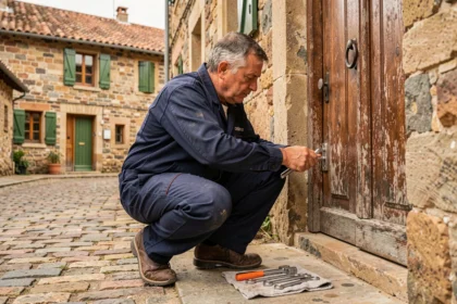 Serrurier professionnel en intervention devant une porte en bois dans une rue pavée des Pyrénées-Atlantiques