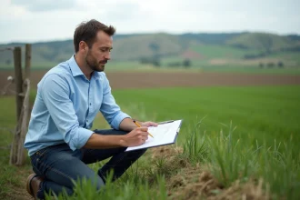 Homme mesurant un terrain agricole avec un clipboard pour convertir des hectares en mètres carrés
