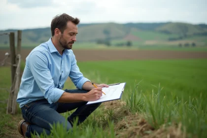 Homme mesurant un terrain agricole avec un clipboard pour convertir des hectares en mètres carrés