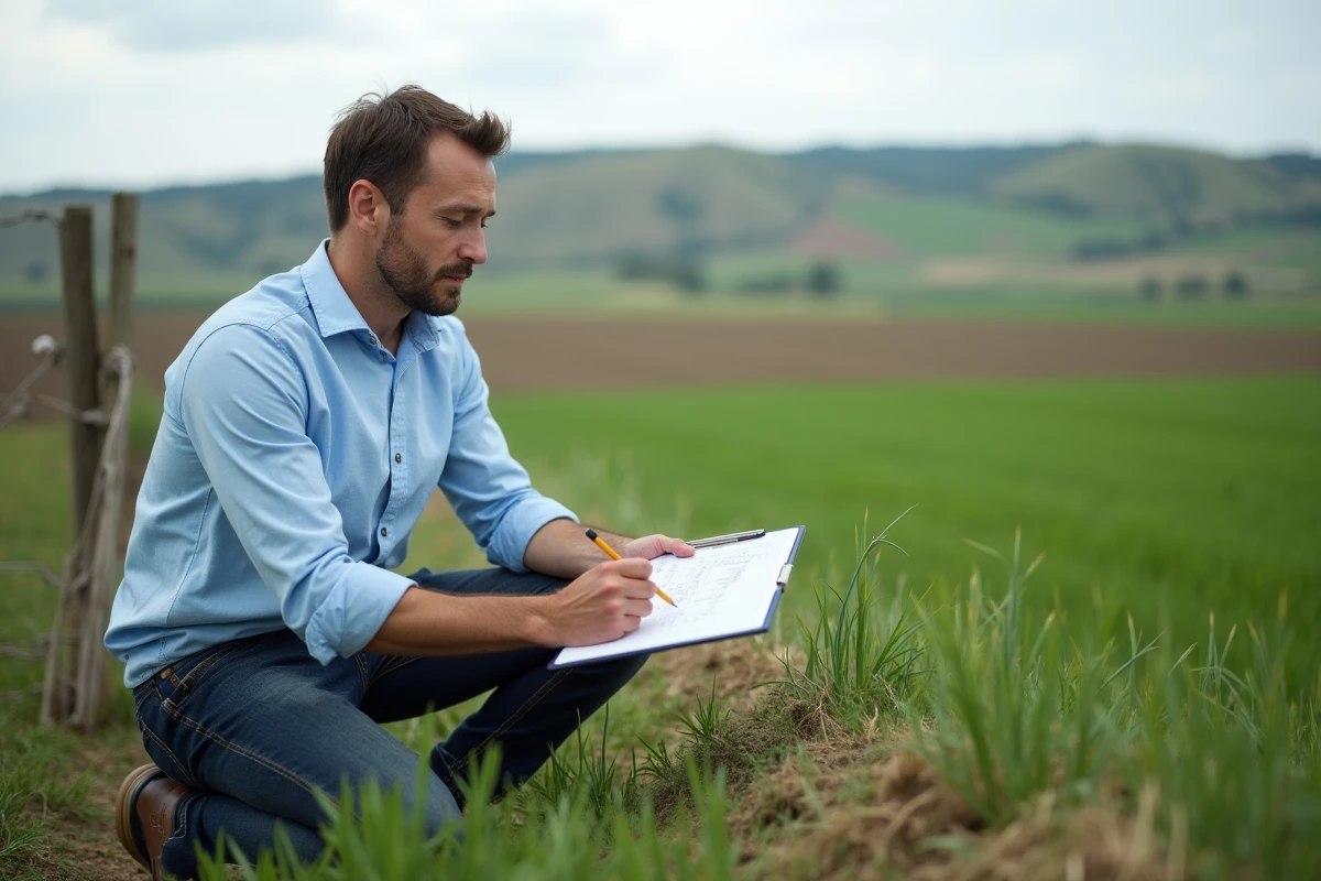 Homme mesurant un terrain agricole avec un clipboard pour convertir des hectares en mètres carrés