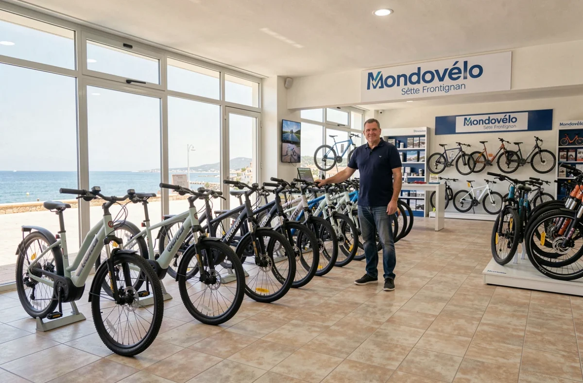 Vendeur de Mondovélo Sète Frontignan présentant une gamme de vélos électriques en magasin