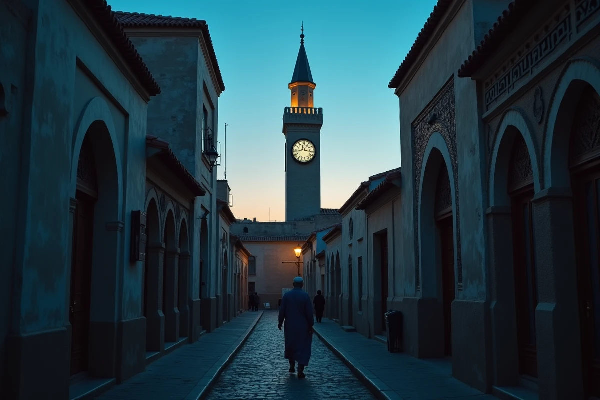 Mosquée avec horloge traditionnelle avant l'aube représentant l'heure de l'imsak dans une médina avec un homme se rendant à la prière