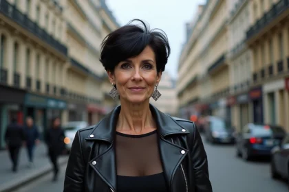 Femme aux cheveux noirs style années 80 portant un blouson en cuir noir dans une rue parisienne, évoquant l'icône musicale Muriel Moreno