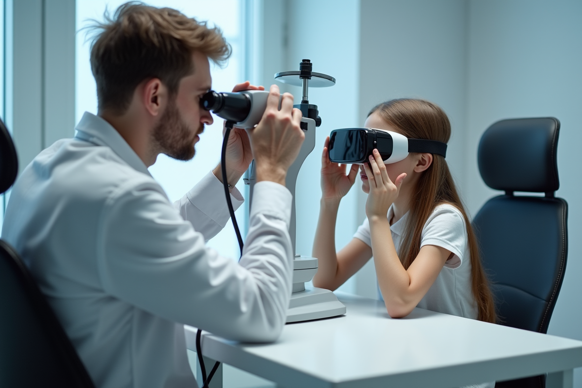 Optometristes examinant un adolescent avec un casque VR