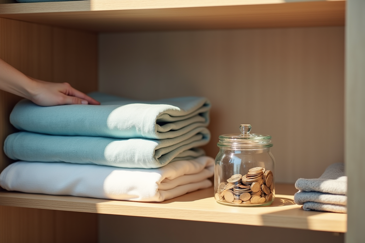 Garde-robe organisée avec mains pliant des vêtements et pot d