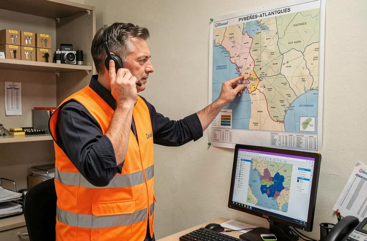 Coordinateur du réseau Ou Serrurier gérant les interventions d'urgence sur une carte du département 64