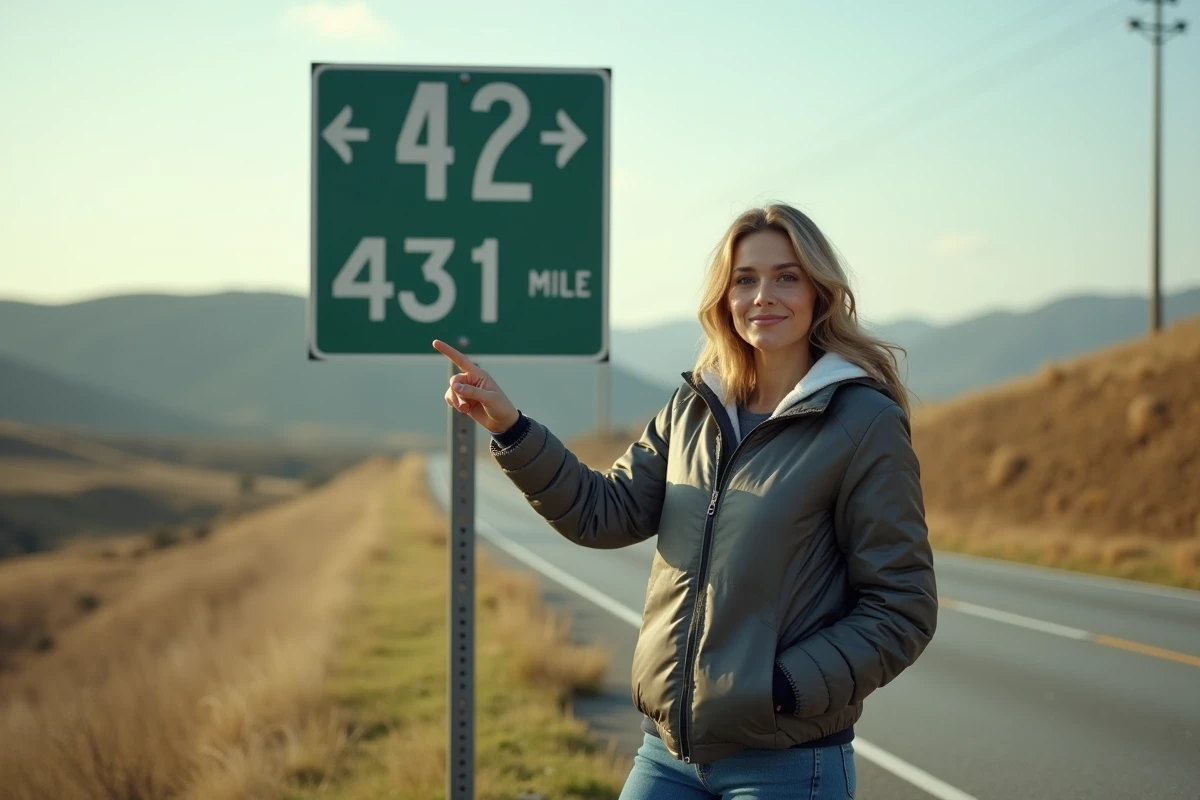 Femme pointant un panneau de signalisation indiquant des kilomètres et des miles sur une route de campagne