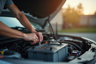 Personne souriante installant une nouvelle batterie voiture