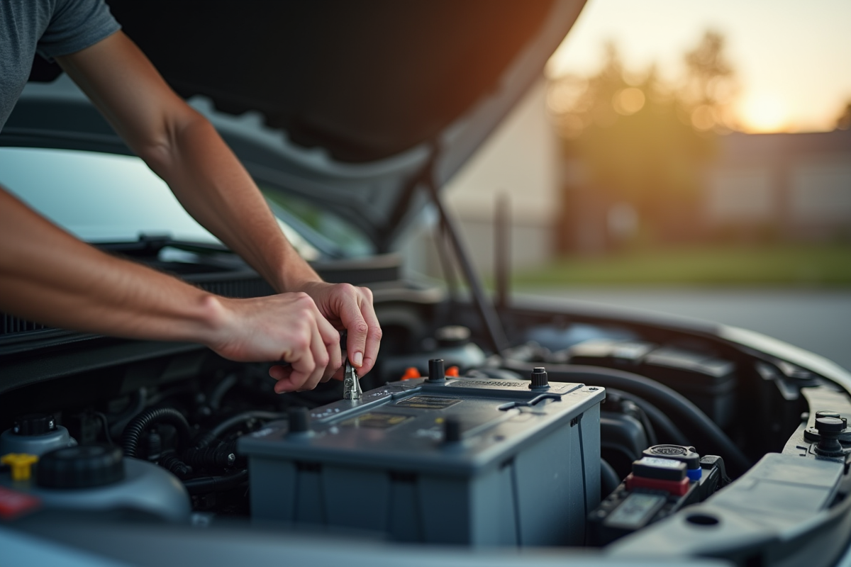 Personne souriante installant une nouvelle batterie voiture