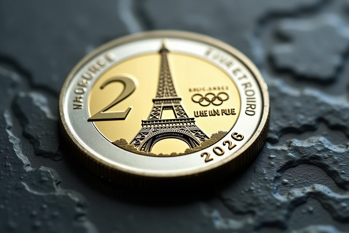 Pièce 2 euros commémorative JO 2026 Tour Eiffel en gros plan sur ardoise, détails de frappe visibles
