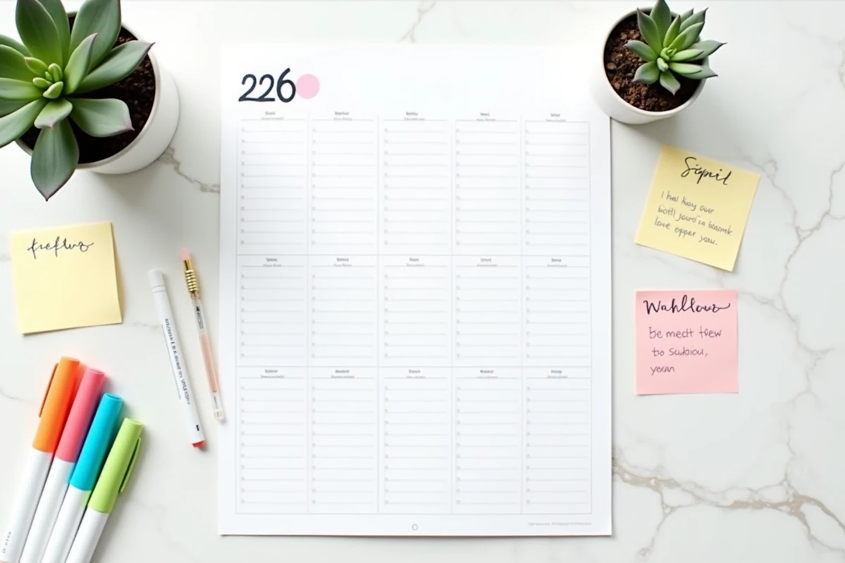 Vue de dessus d'un planning mensuel imprimable 2026 posé sur un bureau en marbre blanc avec des marqueurs colorés et des notes adhésives