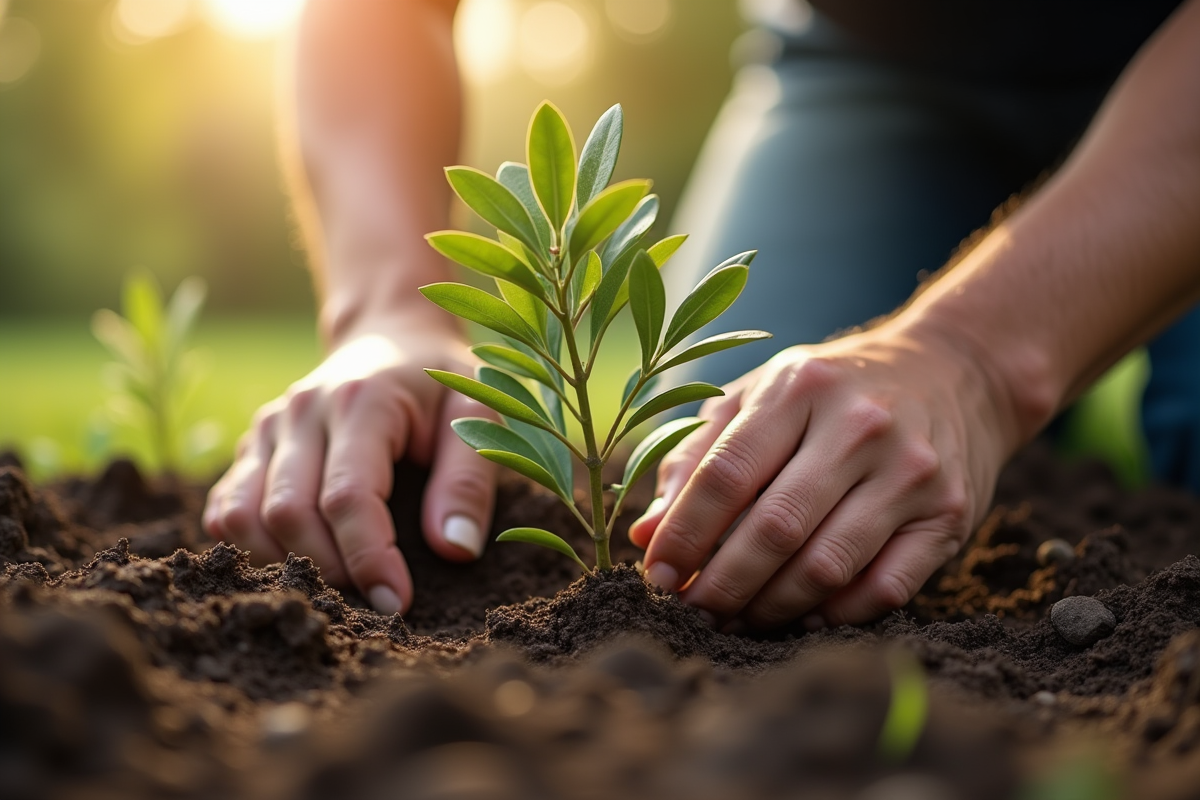 Mains de jardinier plantant un jeune olivier au sol humide
