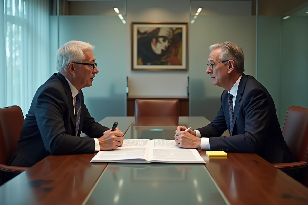 Deux professionnels du droit discutant d'un contentieux civil autour du Code de procédure civile