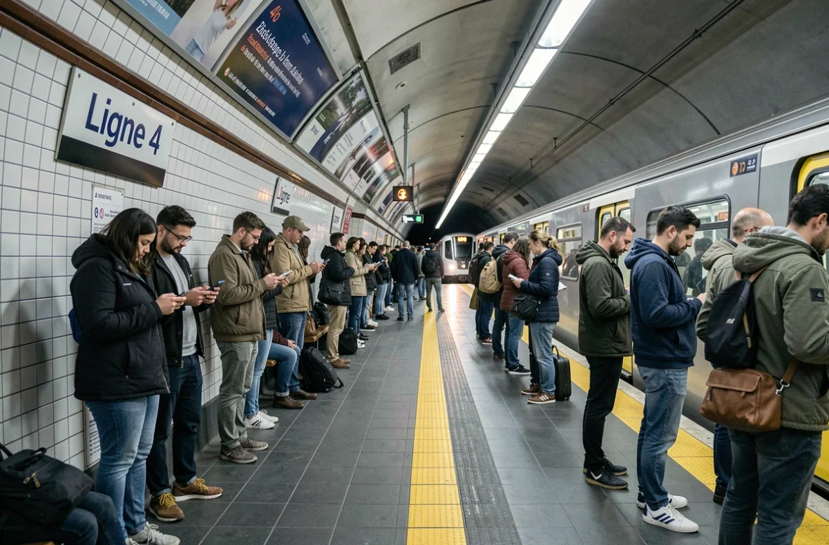 Quai bondé de la ligne 4 du métro parisien avec des voyageurs attendant l'arrivée du train