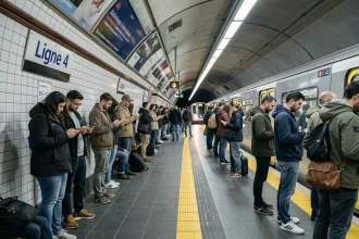Quai bondé de la ligne 4 du métro parisien avec des voyageurs attendant l'arrivée du train