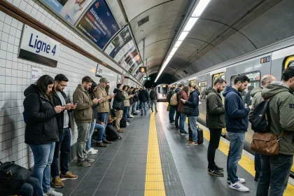 Quai bondé de la ligne 4 du métro parisien avec des voyageurs attendant l'arrivée du train
